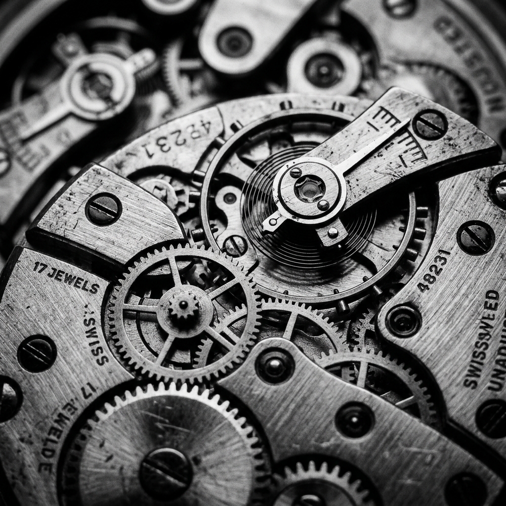 Bronze and steel watch gears close-up