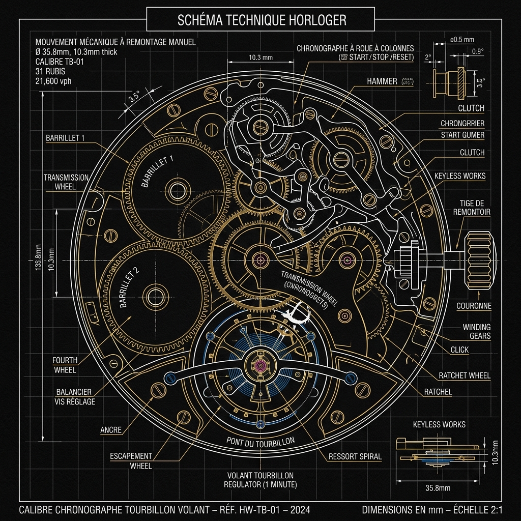 Horological schematic watch blueprint drawing