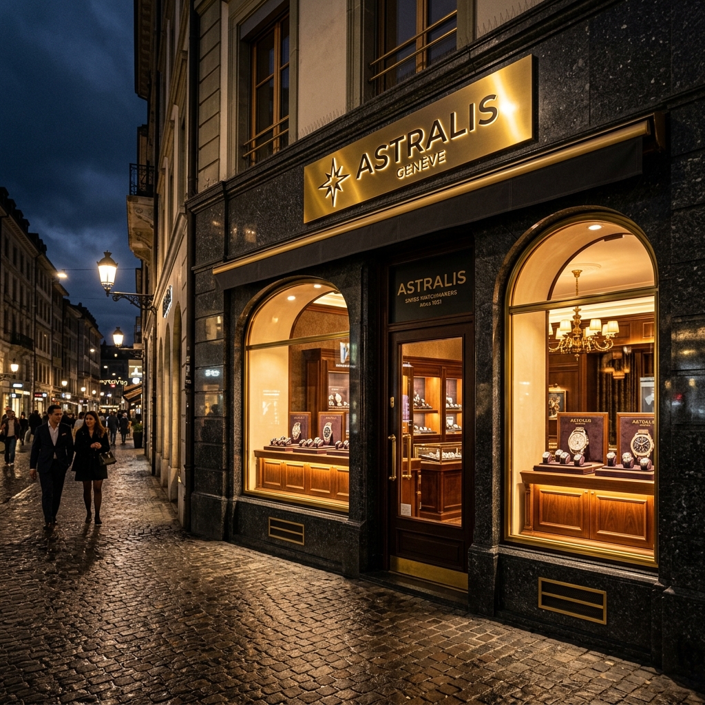 Astralis Geneva Boutique facade warmly lit at night