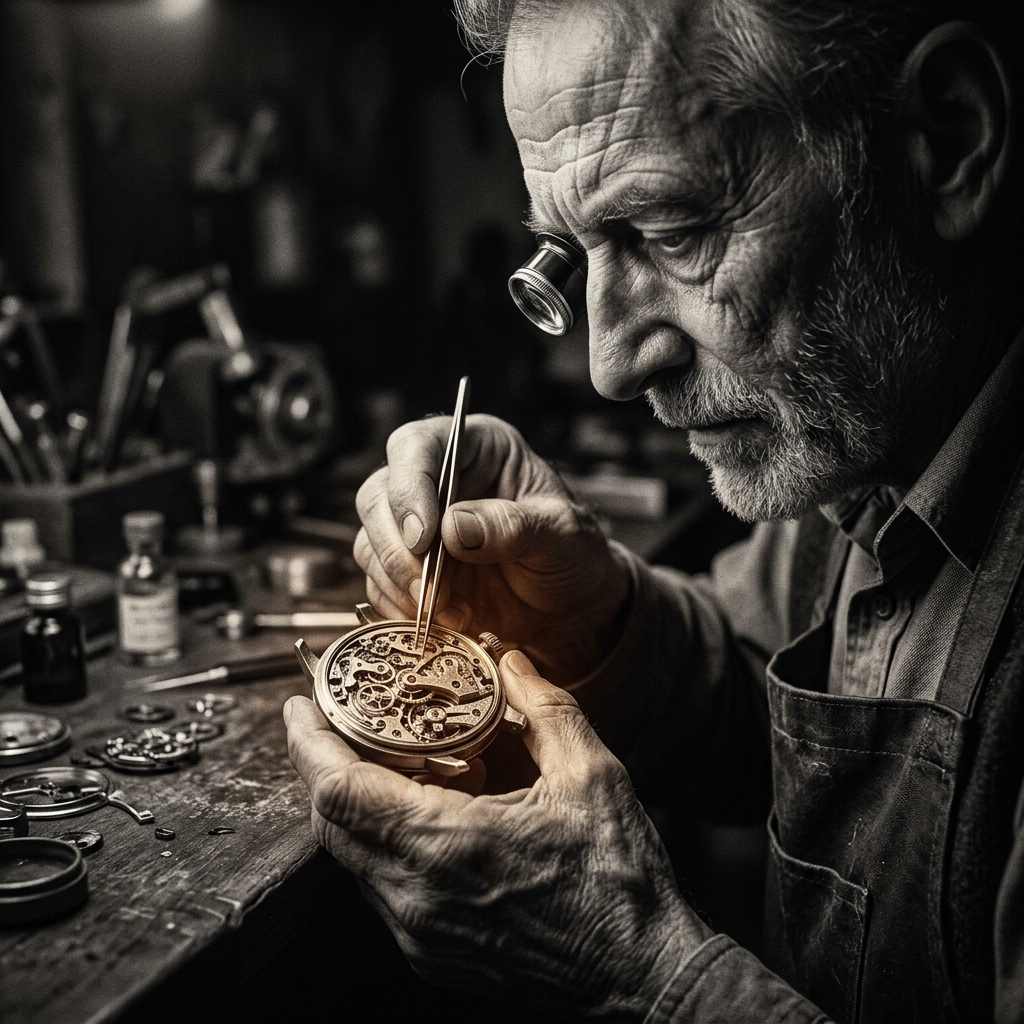 Master watchmaker working with a loupe on a mechanical movement