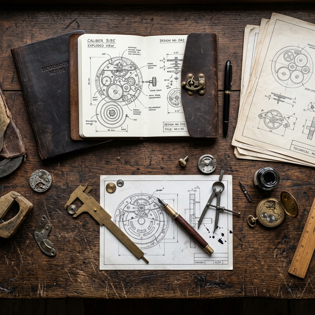 Watchmaking schematics and leather sketchbooks layout